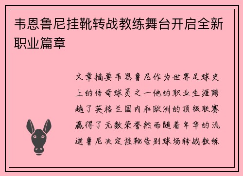 韦恩鲁尼挂靴转战教练舞台开启全新职业篇章
